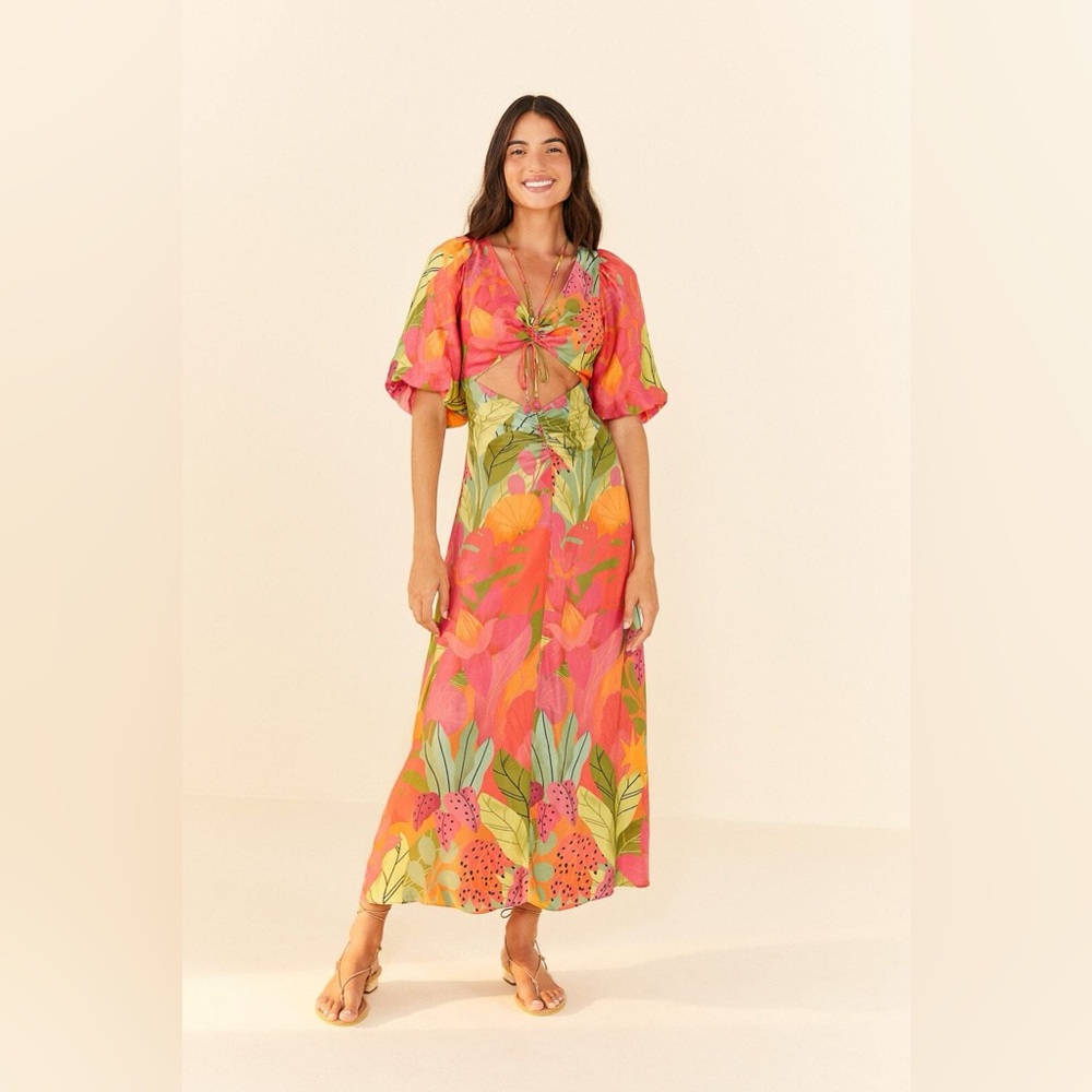 Farm Rio ‘Sweet Forest’ Pink Orange Midi Cut out dress sz s new
